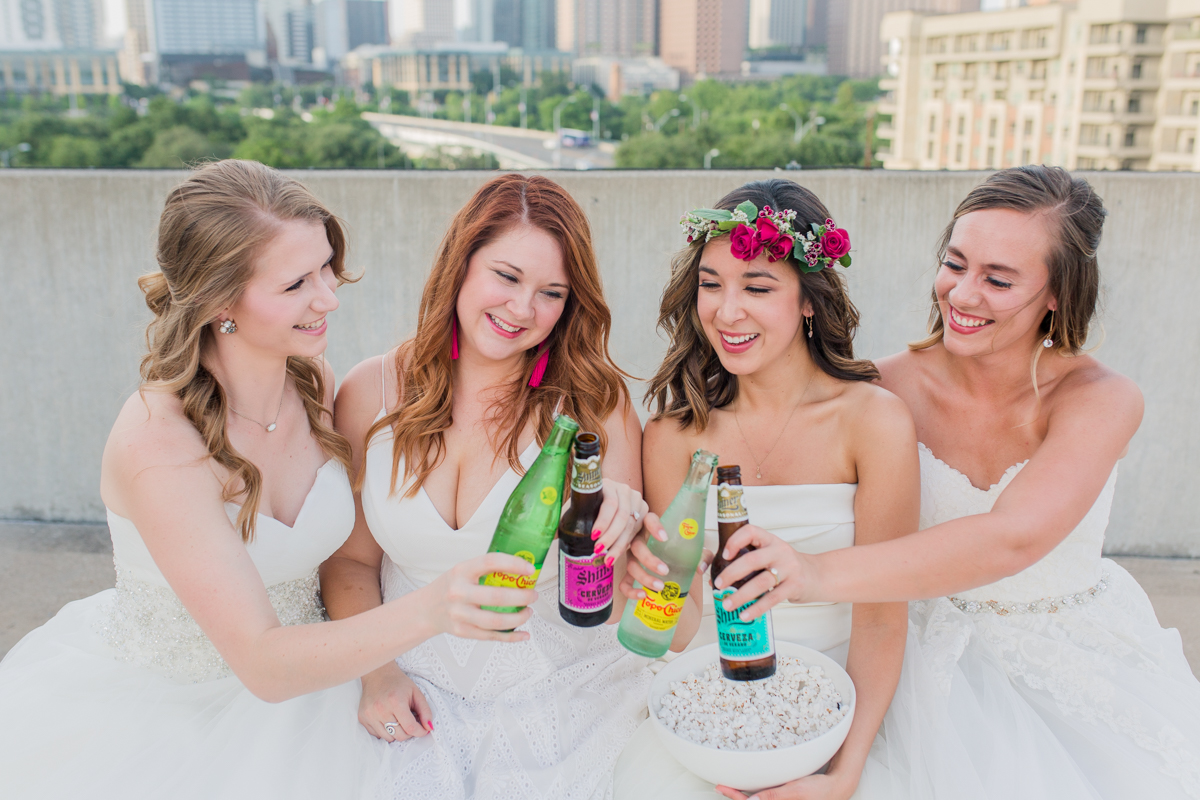 Friends in wedding dresses photo shoot