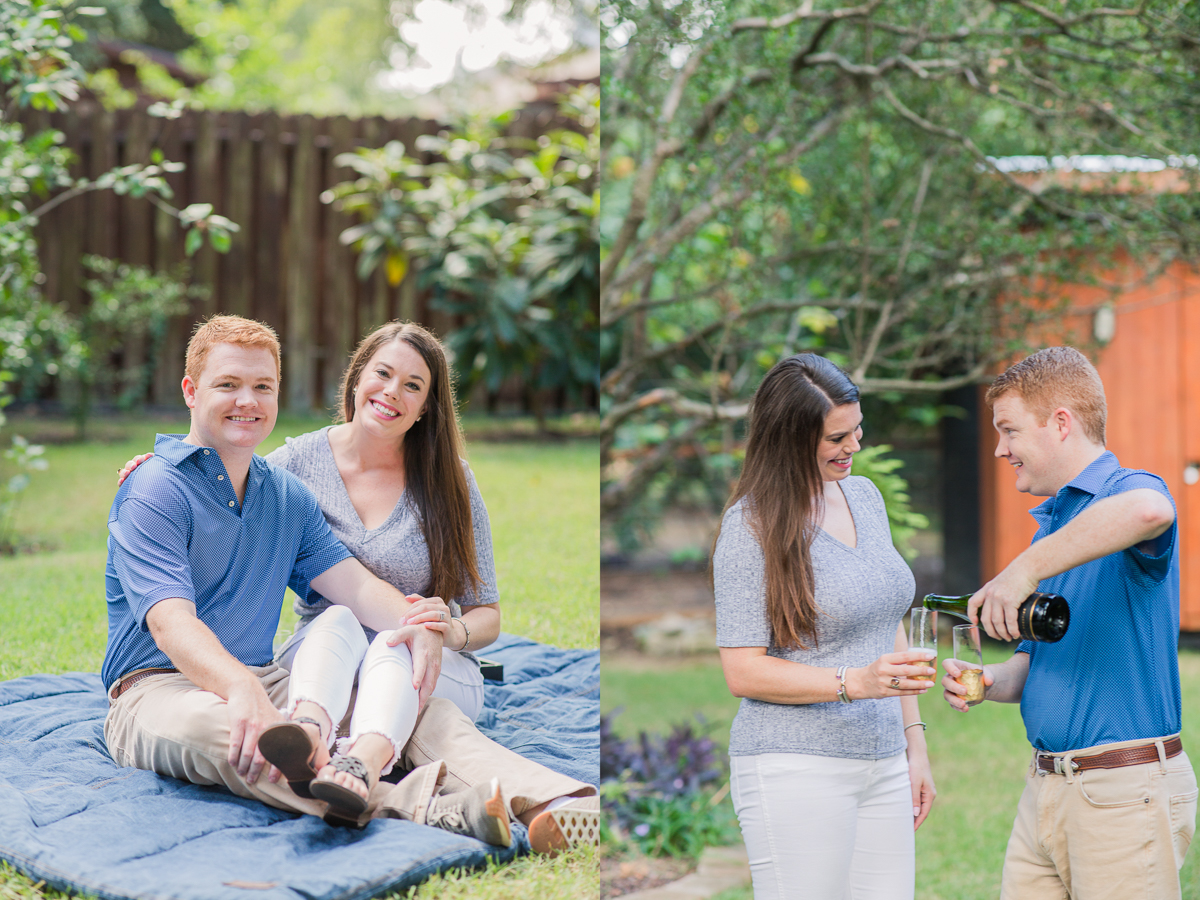 Austin home backyard engagement pictures with champagne 