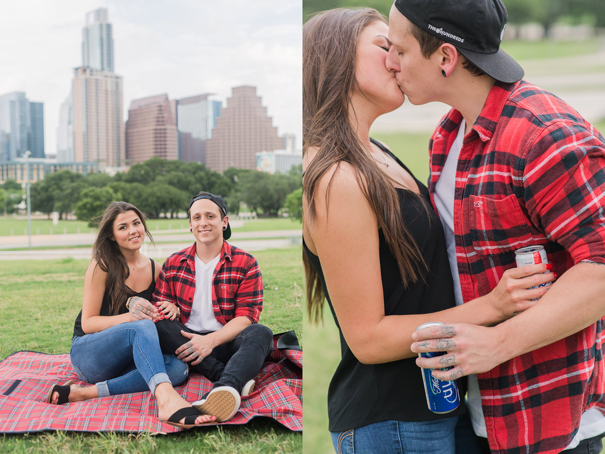 Downtown Austin Texas Engagement Photos Picnic Beer