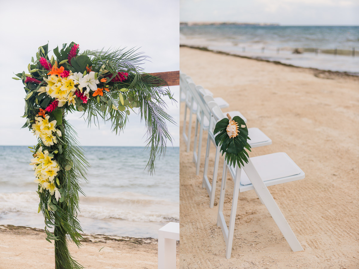 beach wedding ceremony palm tree decor sand