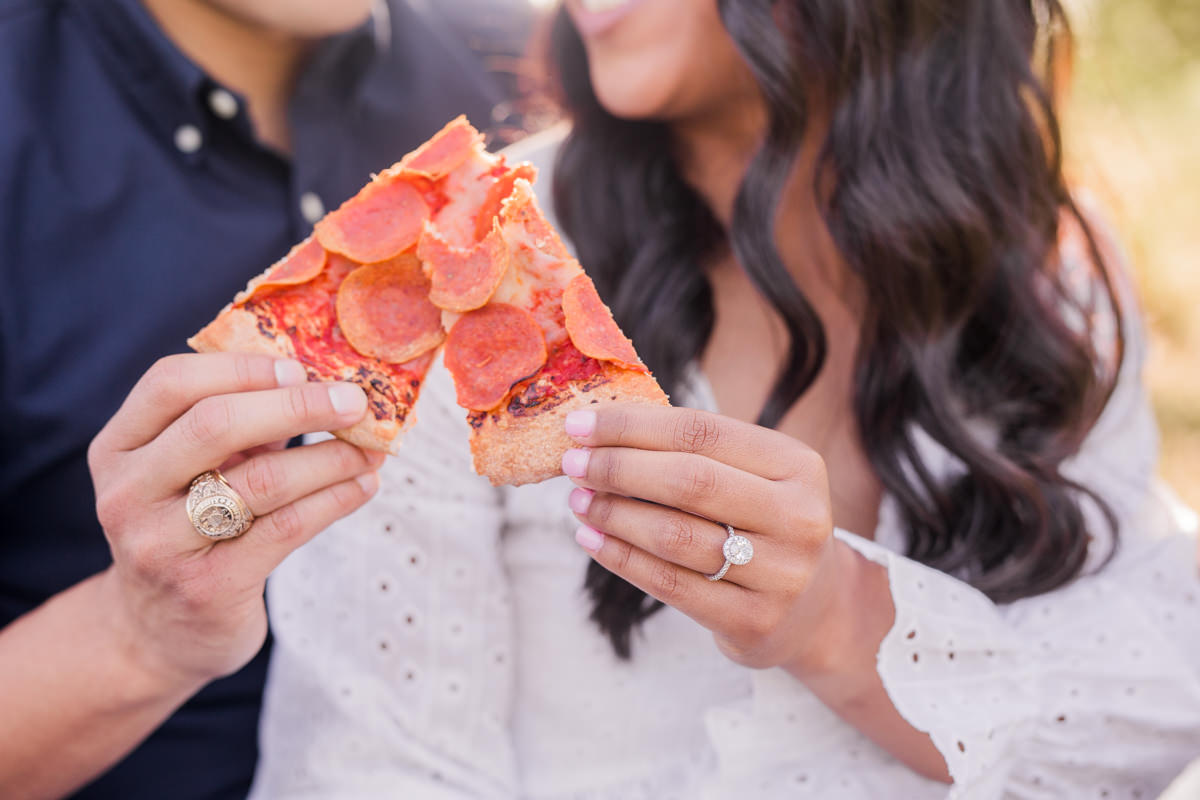 pizza slice, engagement ring close up