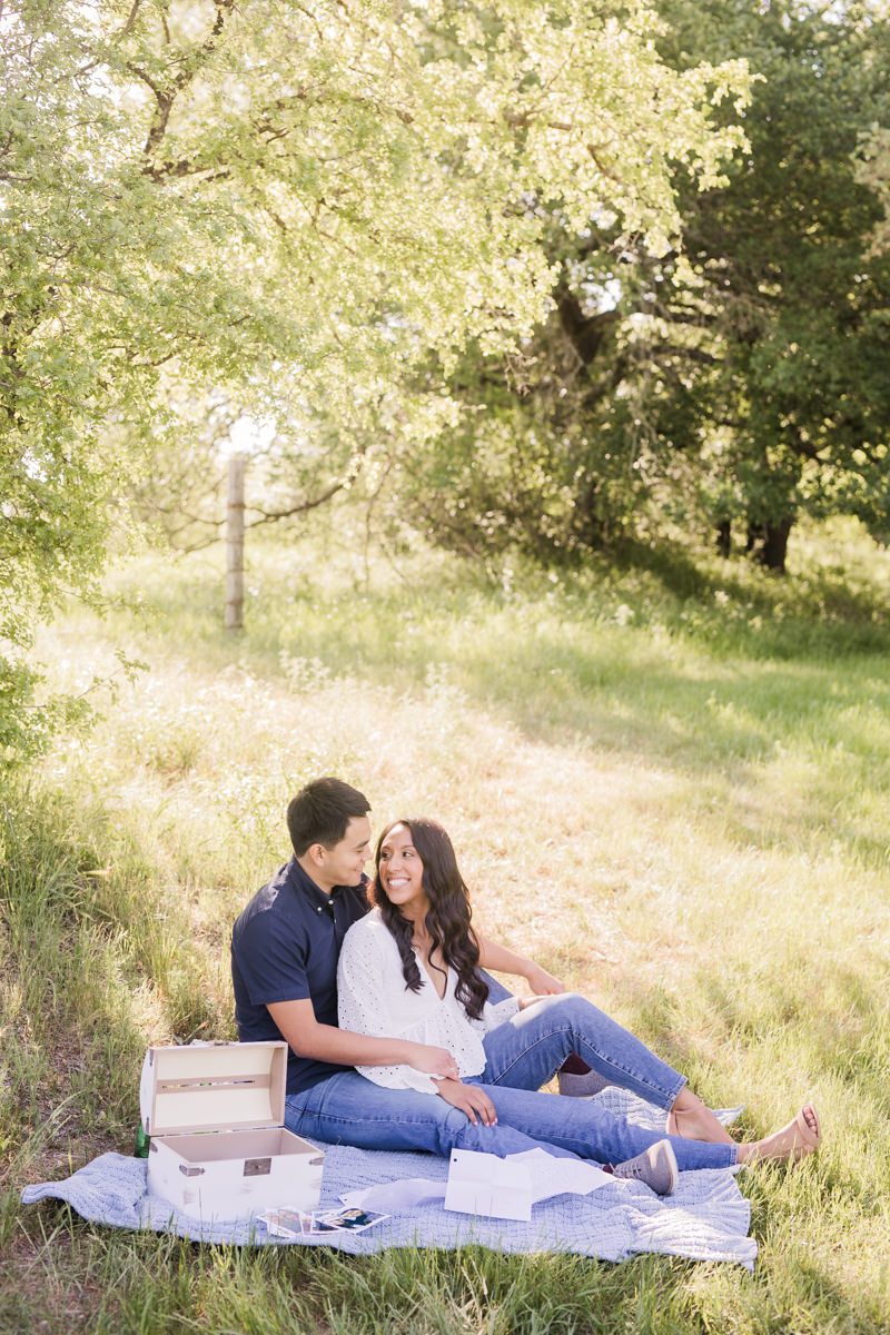 picnic blanket in field sunrise golden hour engagement photos