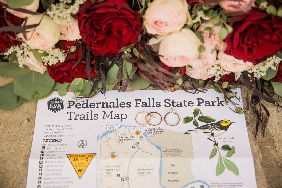 trail map detail photo, flower bouquet, rings