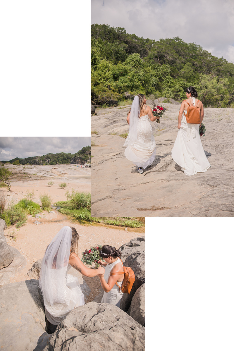hiking in wedding dress, adventure elopement, texas state park, wedding photographer