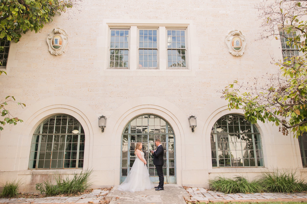 UT Campus Courtyard Bride & Groom First Look