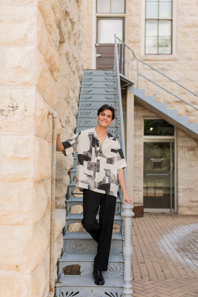 Editorial Senior Photos in Downtown Georgetown blue stairs