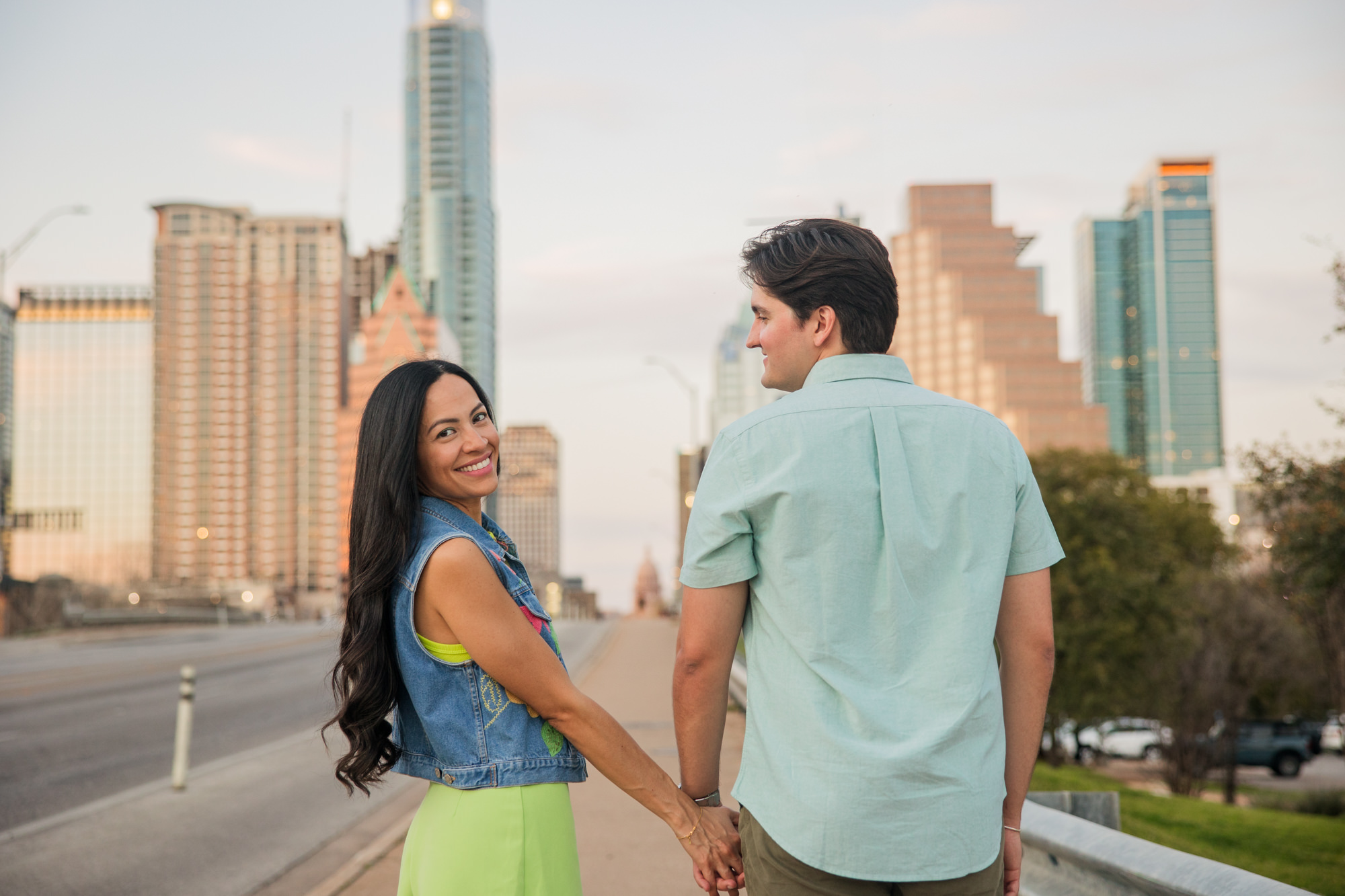 Colorful South Congress Engagement Photos | downtown skyline