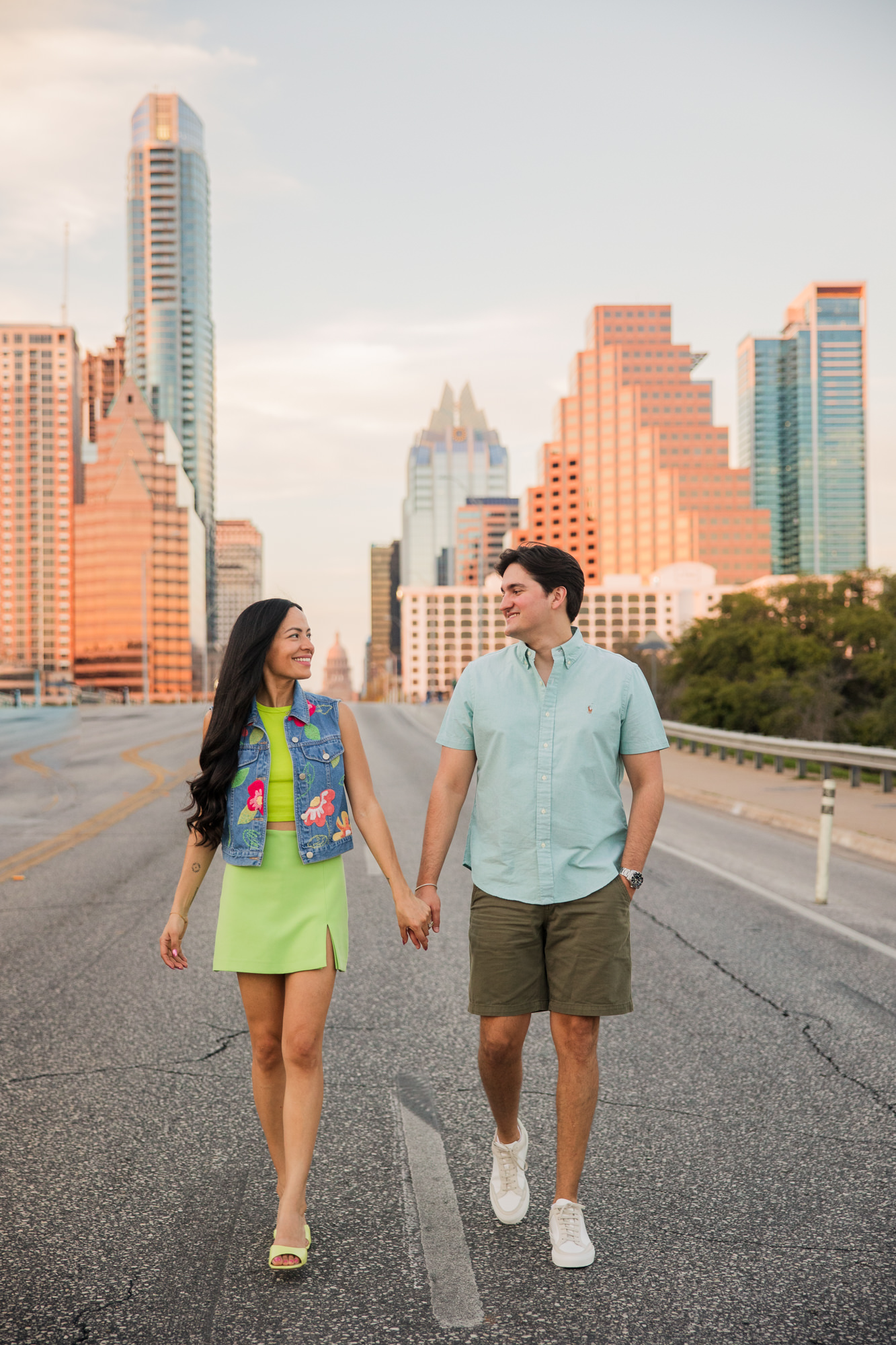 Colorful South Congress Engagement Photos | downtown skyline