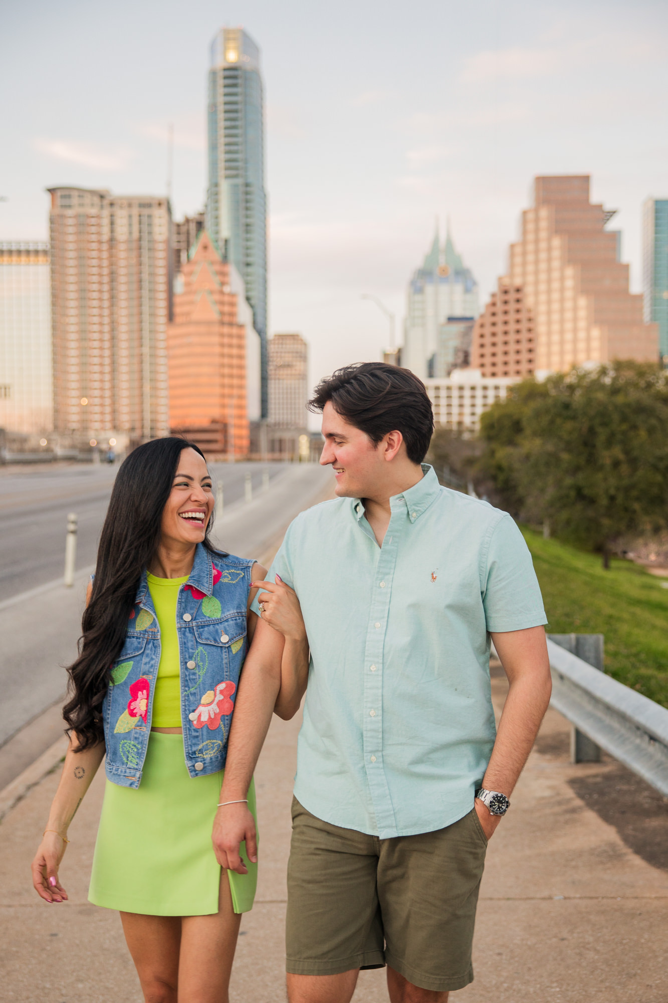 Colorful South Congress Engagement Photos | downtown skyline