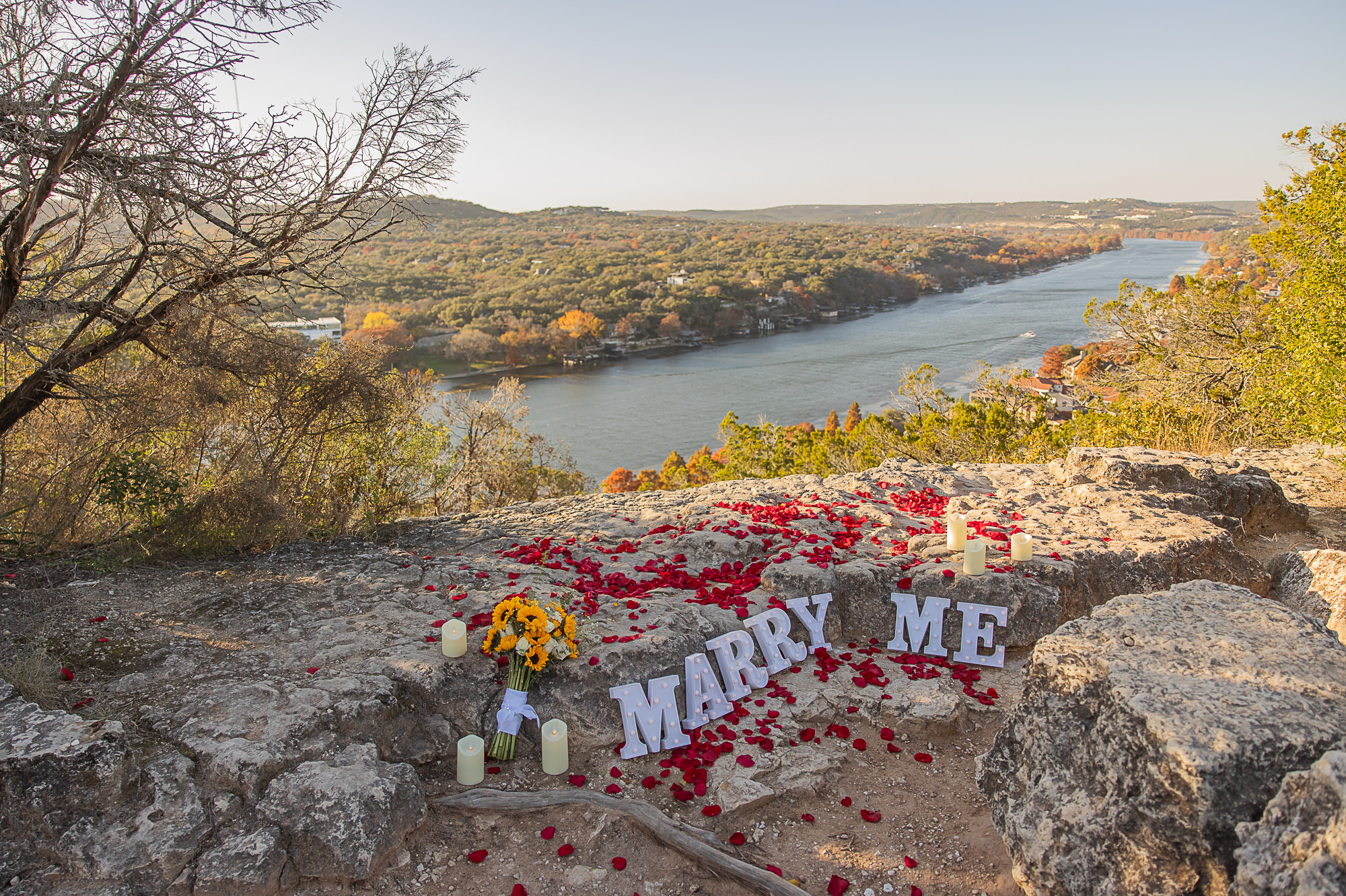 Winter Mount Bonnell Proposal, Marry Me Sign, rose petals