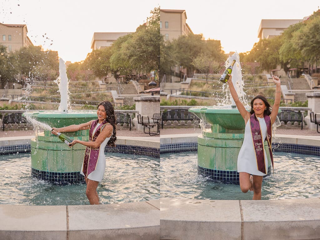 Texas State Grad fountain champagne popping photo