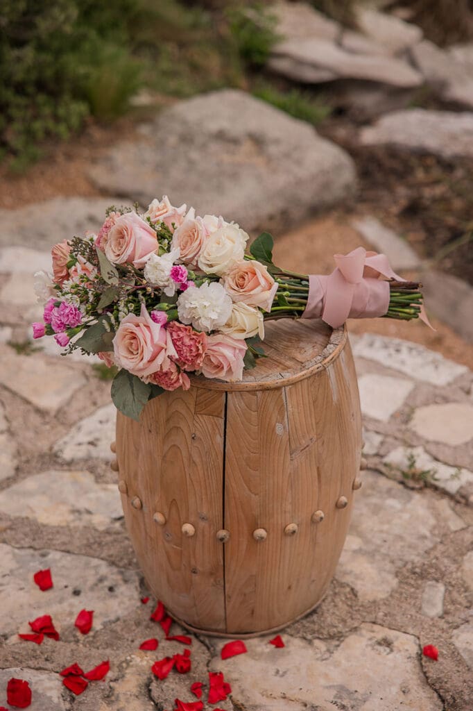 Pink flower bouquet for marriage proposal at Flat Creek Estate Winery