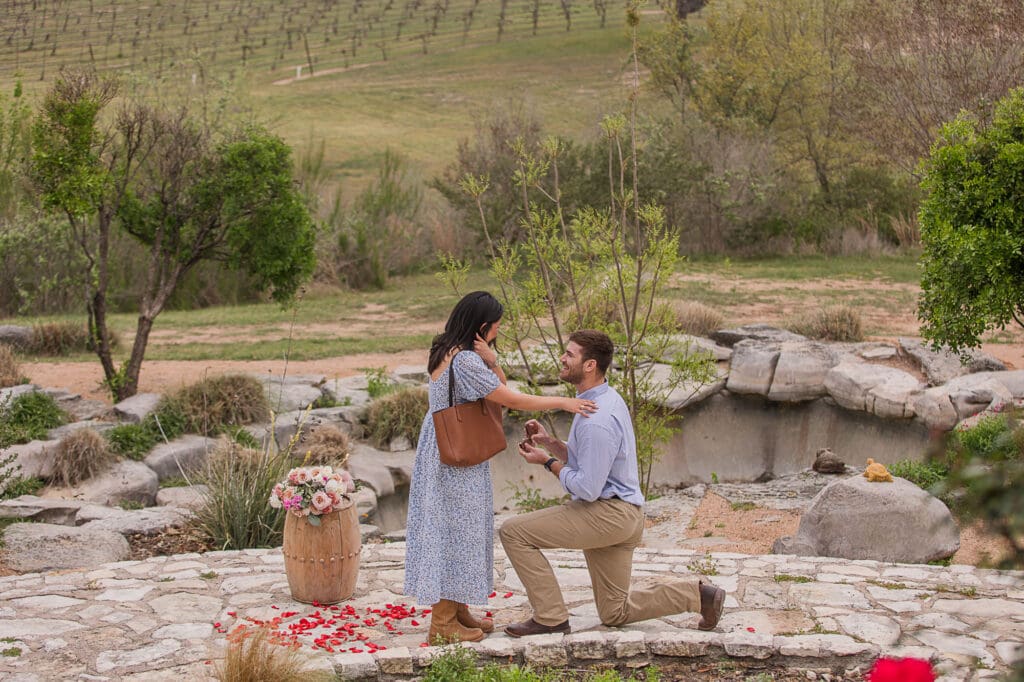 Marriage proposal photos from Flat Creek Estate Winery in Marble Falls Texas