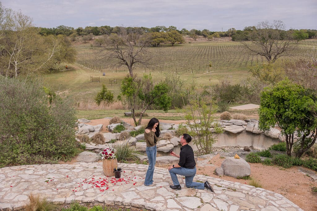Marriage proposal photos from Flat Creek Estate Winery in Marble Falls Texas